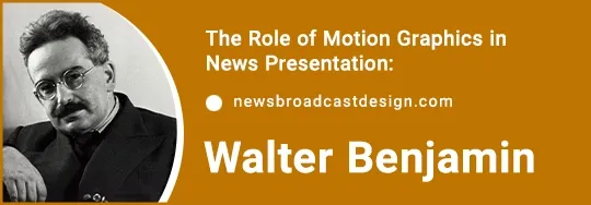 Walter Benjamin portrait illustrating Reproduction Theory's impact on motion graphics in news channel philosophy integration.